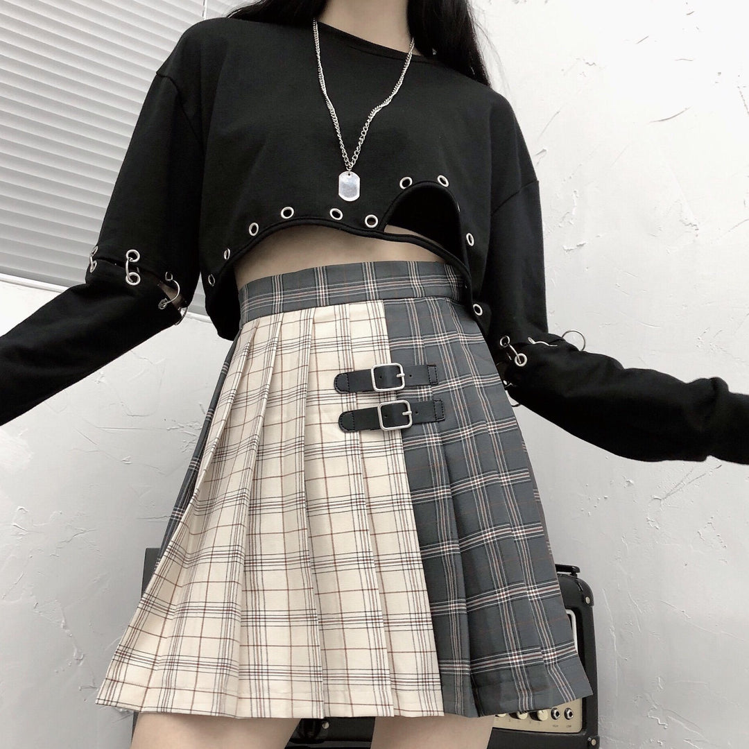 Double Color Strap Plaid Pleated Skirt SD01721 - SYNDROME - Cute Kawaii Harajuku Street Fashion Store