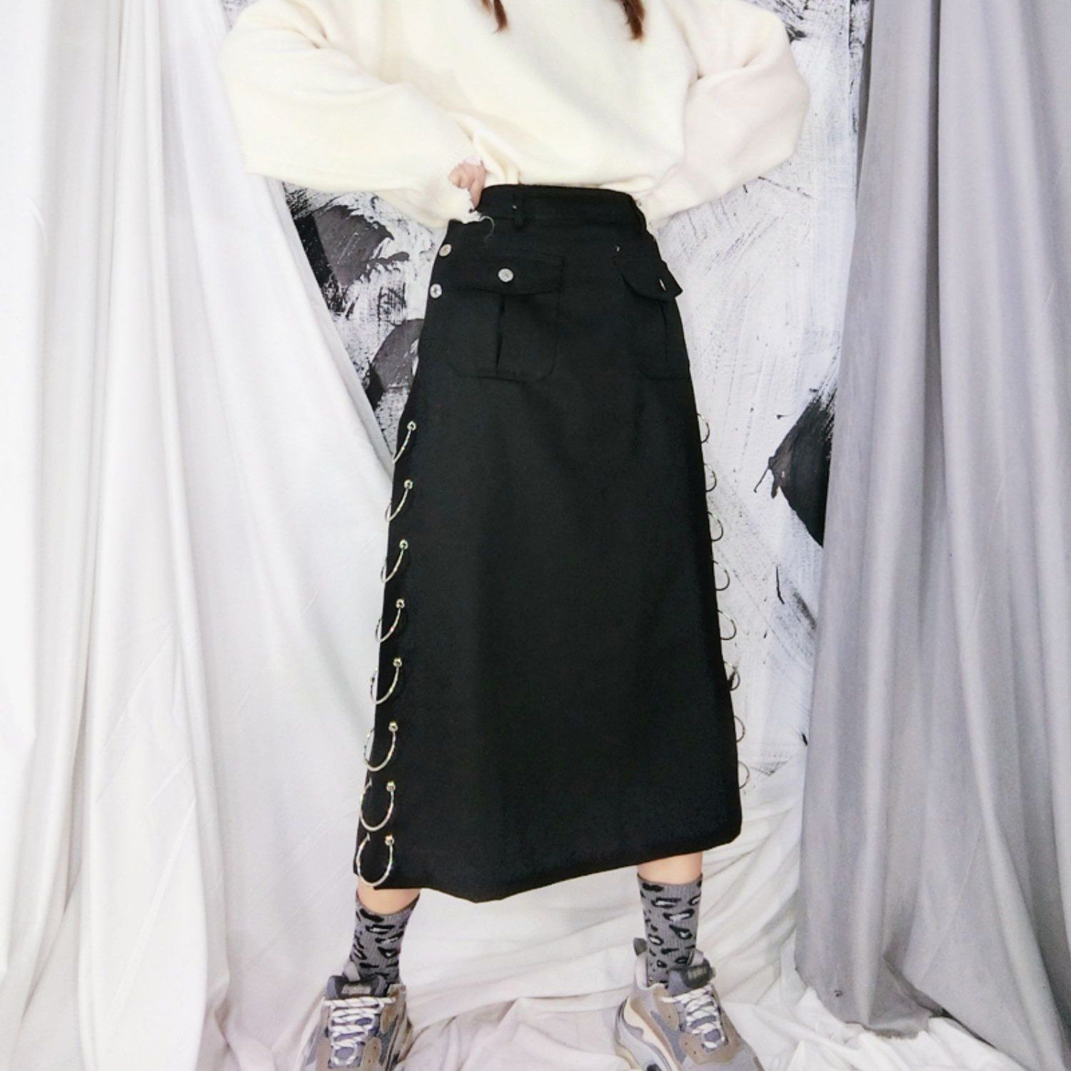 Japanese Harajuku Winter Black Grunge Punk Rings Long Skirt – SYNDROME ...