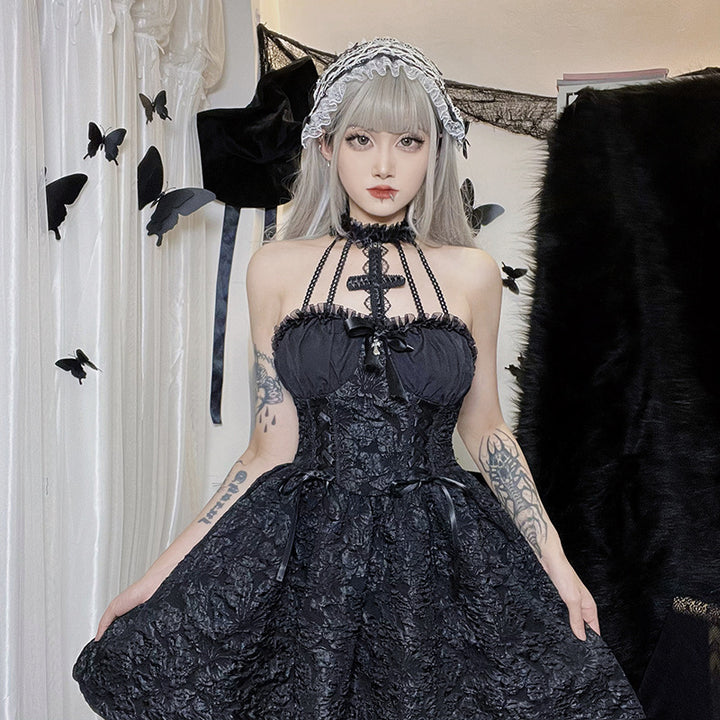 Japanese Harajuku Lolita Black Laced Waist Cross Dress