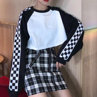 Checker Sleeves Crop Top SD00333 - SYNDROME - Cute Kawaii Harajuku Street Fashion Store