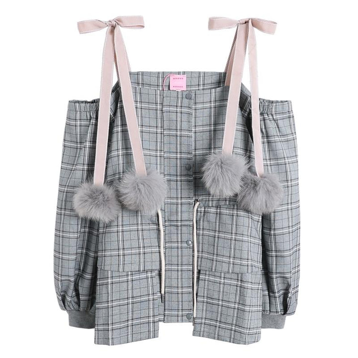 Pleated Shoulder-less Fur Balls Coat SD00725 - SYNDROME - Cute Kawaii Harajuku Street Fashion Store