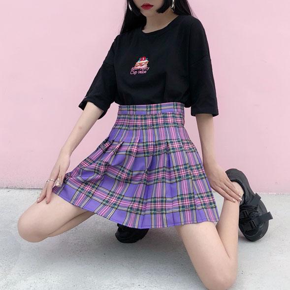 Purple Pleated Plaid Skirt SD00607