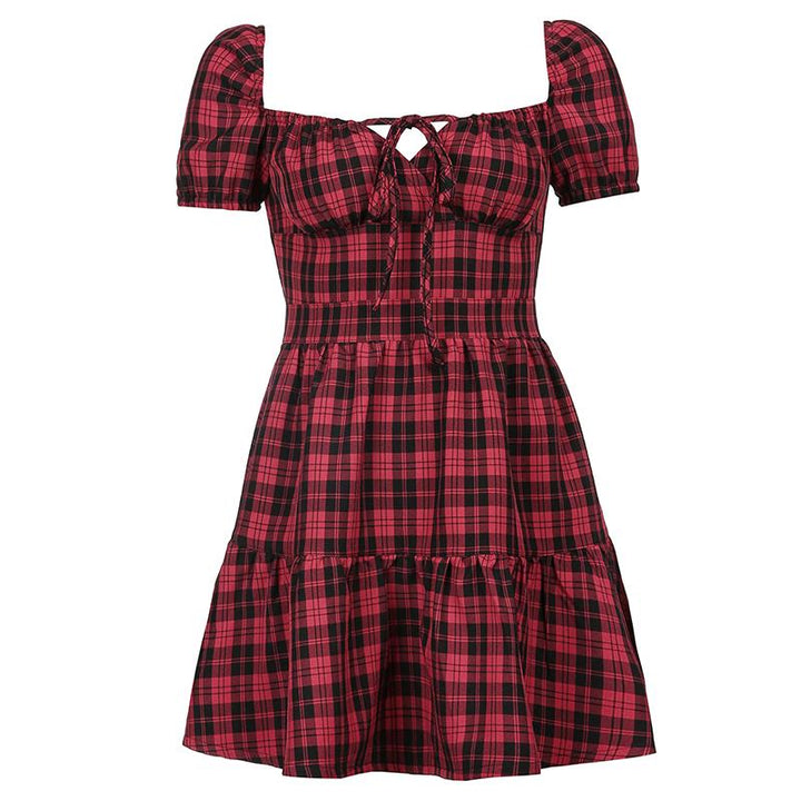 Red Plaid Lace Up Dress SD01146