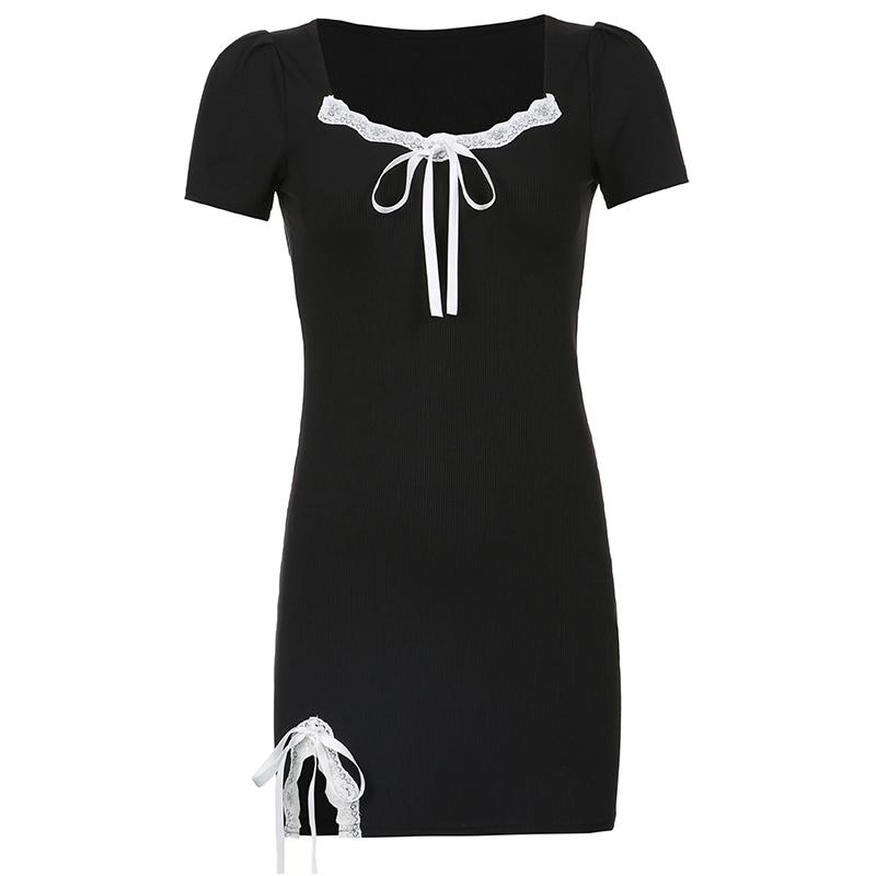 Slim Lace Bow Black Dress SD01144