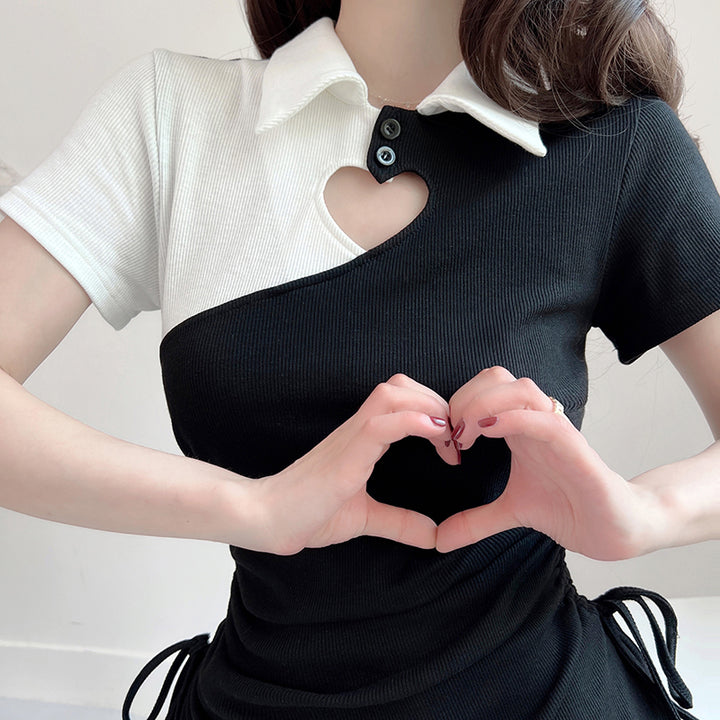 Sweet Heart Hollow Black & White Lace Slim Dress With Polo Collar SD01812
