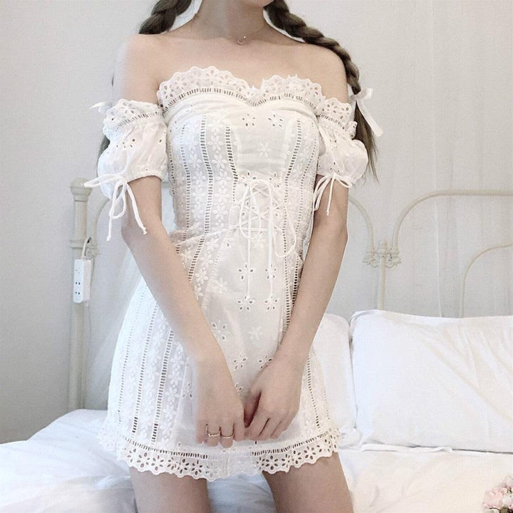 White Flower Lace Shoulder-less Dress SD00096 - SYNDROME - Cute Kawaii Harajuku Street Fashion Store