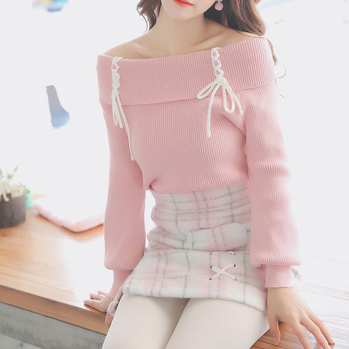 Cross Strings Pink Shoulder-less Sweater SD00279 - SYNDROME - Cute Kawaii Harajuku Street Fashion Store