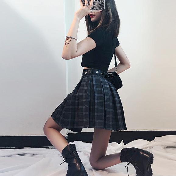 K Pop Kpop Korean Black Pink Punk Plaid Skirt Black Short Belt Black T shirt SD00125 SYNDROME Cute Kawaii Harajuku Street Fashion Store