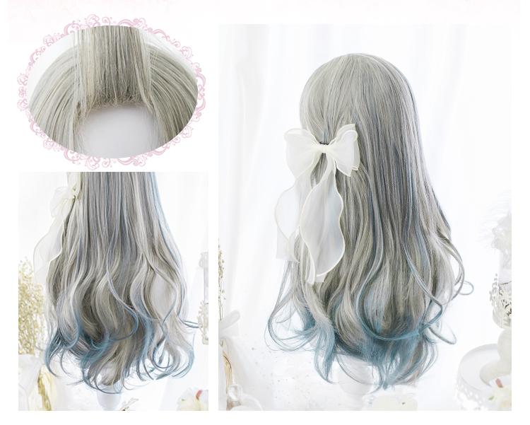 Grey Blue Gradient Curly Long Wig SD00182 - SYNDROME - Cute Kawaii Harajuku Street Fashion Store