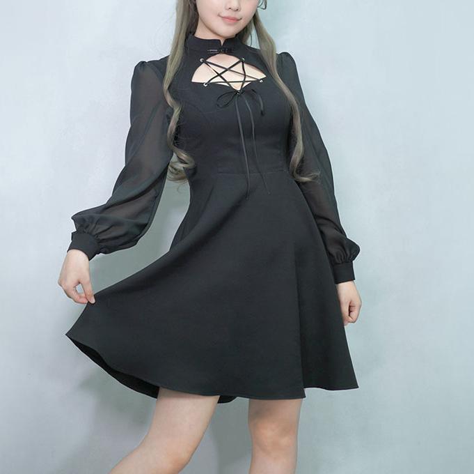 Black See through lantern Sleeve Pentagram Open Chest Dress SD00346 - SYNDROME - Cute Kawaii Harajuku Street Fashion Store