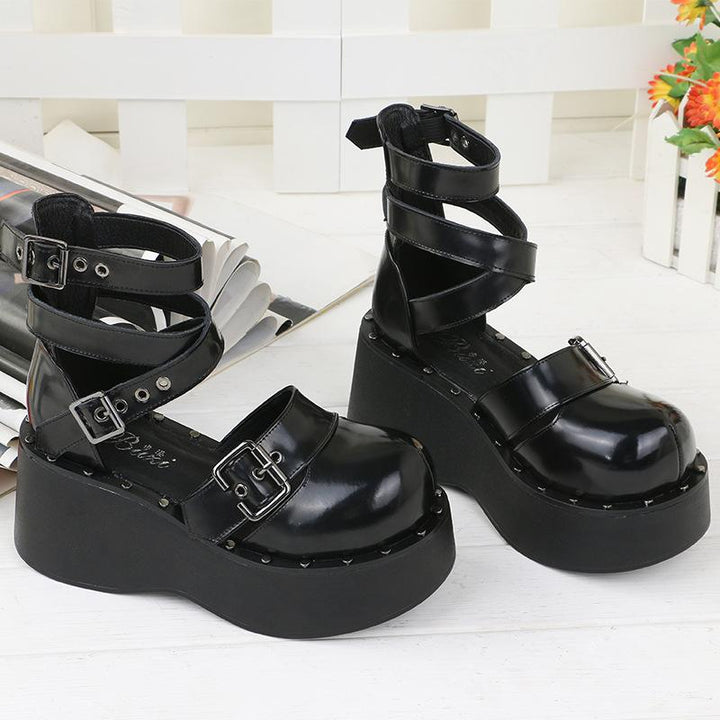 Black Lolita Cross Strap Buckle High-Platform Shoes SD00332 - SYNDROME - Cute Kawaii Harajuku Street Fashion Store