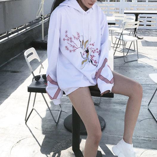 Cherry Blossom Stork Loose Hoodie Sweater SD00289 - SYNDROME - Cute Kawaii Harajuku Street Fashion Store