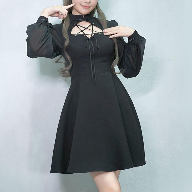Black See through lantern Sleeve Pentagram Open Chest Dress SD00346 - SYNDROME - Cute Kawaii Harajuku Street Fashion Store