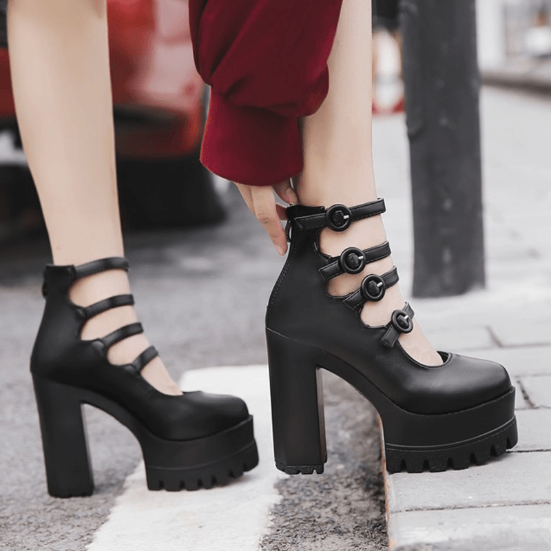Black 4 Buckle Strap High-Heels Shoes SD00156 - SYNDROME - Cute Kawaii Harajuku Street Fashion Store
