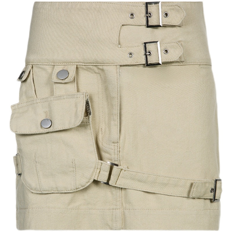 Triple Buckle Khaki Denim Pocket Short Skirt SD01811