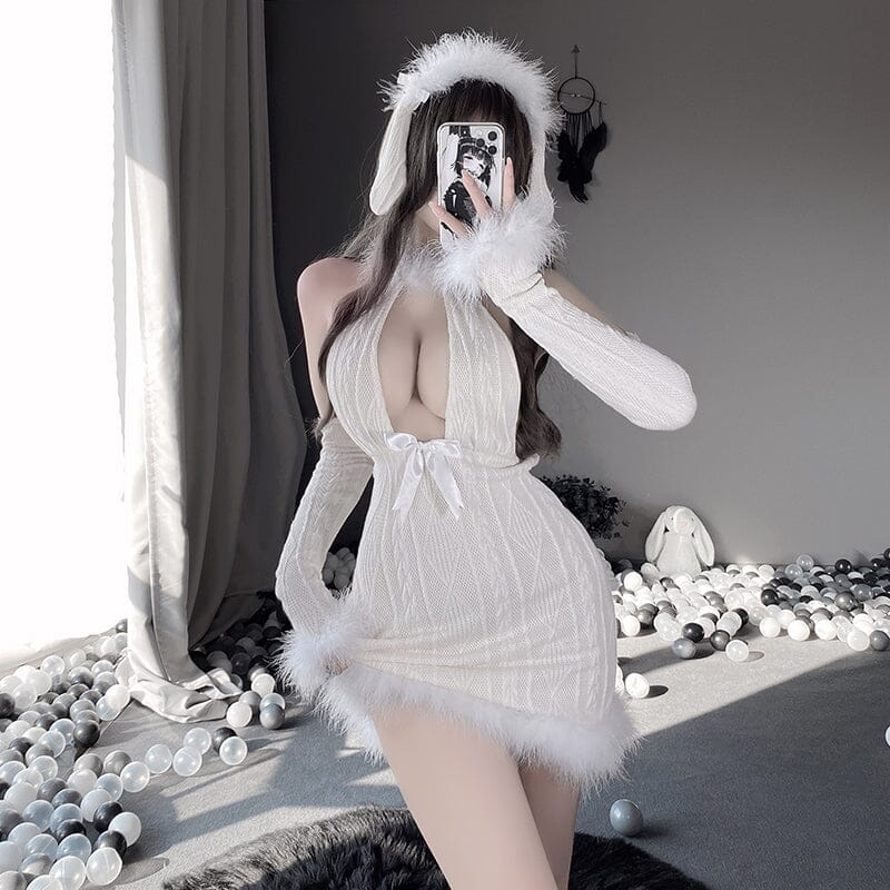 White Christmas Furry Slim Dress SD02118