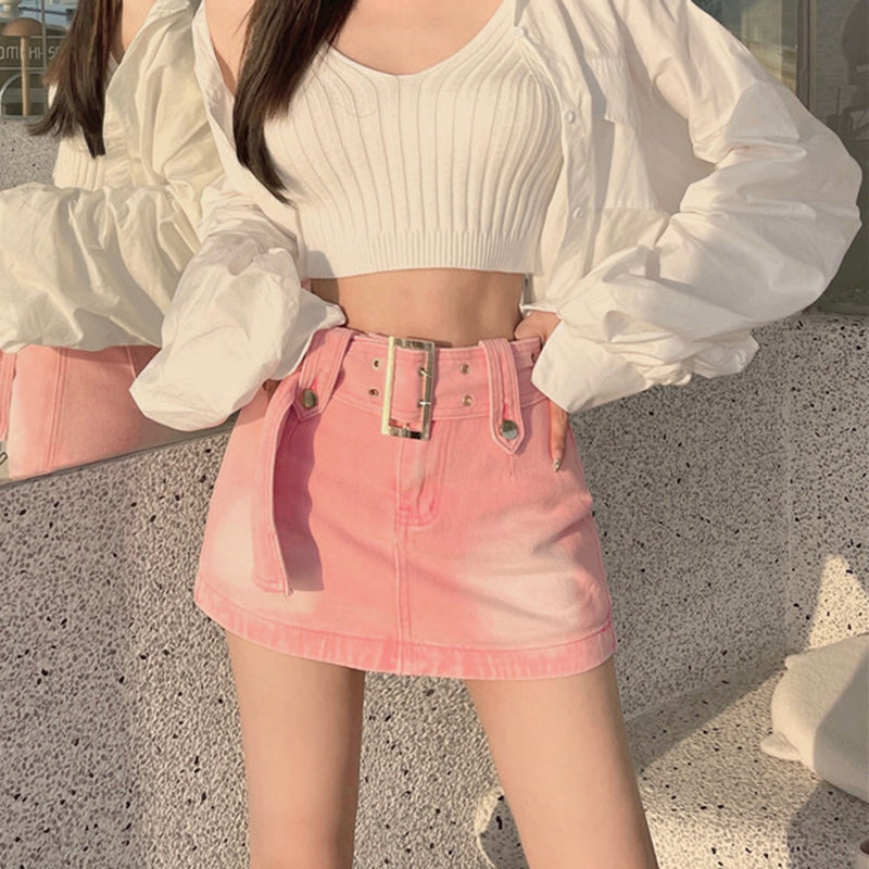 Wide Belt Pink Denim Skirt SD01816