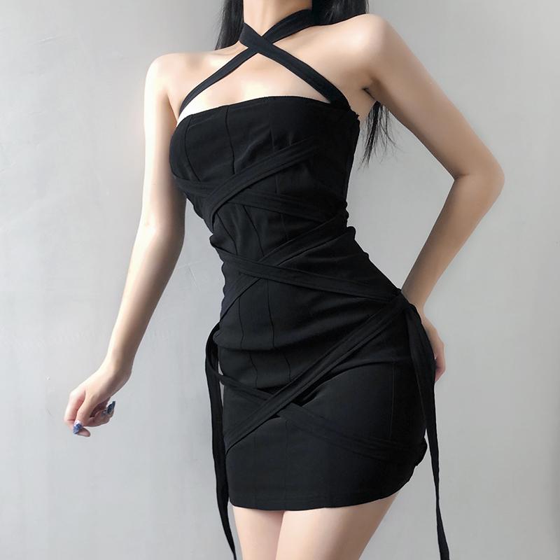 Wrapped Strap Slim Black Dress SD01142
